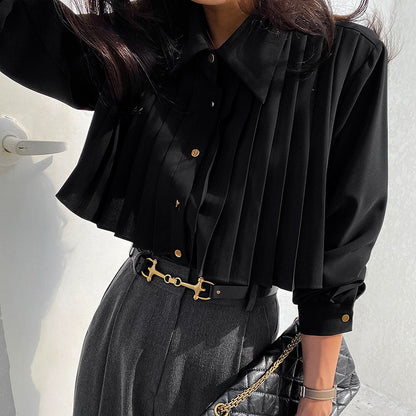 Casual Chiffon White Pleated Long Sleeve Shirt