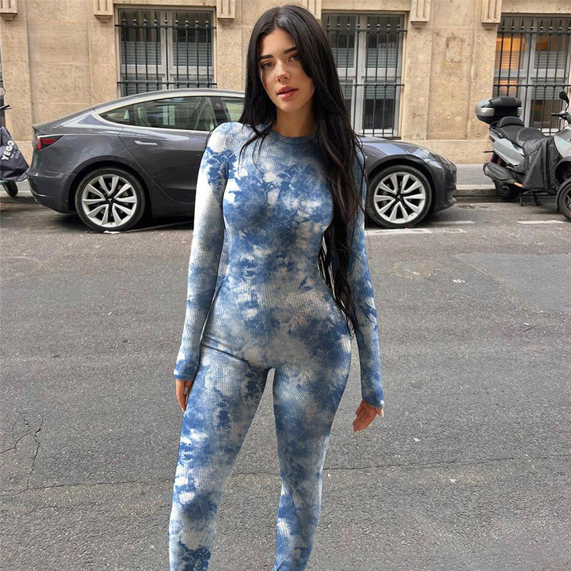 Women's Fashionable Printed Long-sleeved Sports Jumpsuit