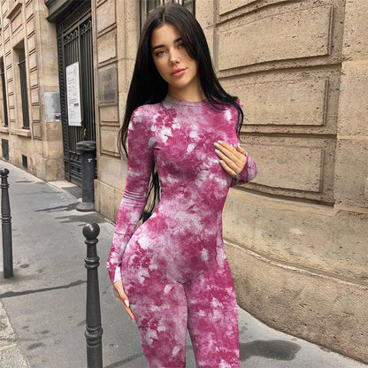 Women's Fashionable Printed Long-sleeved Sports Jumpsuit