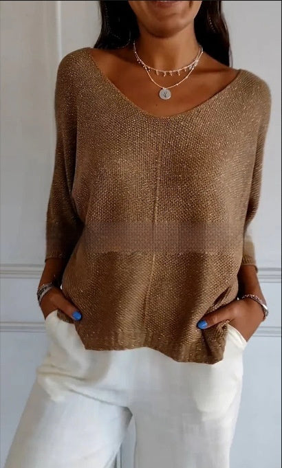 Women's V-neck Fried Dough Twists Slim Knit Pullover Sweater